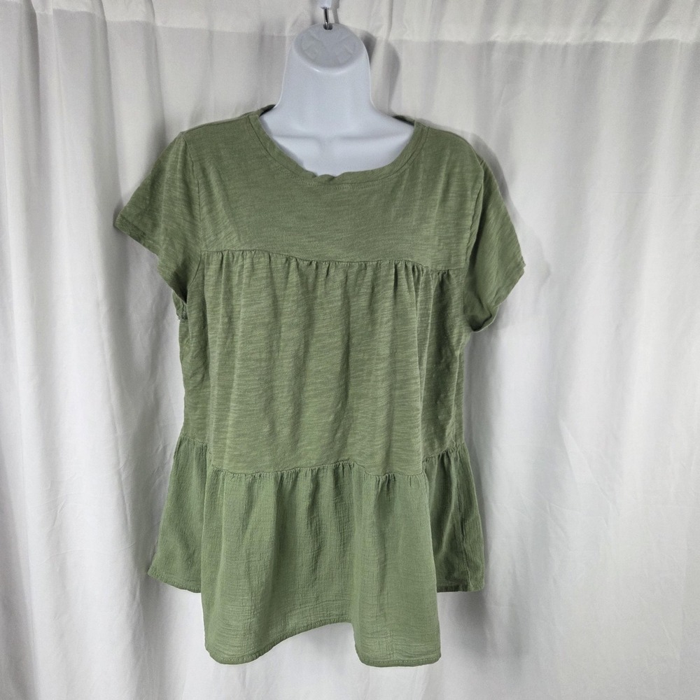 Time And Tru Shirt Womens Large Green Crew Neck Short Sleeve Ruffle Tunic Top